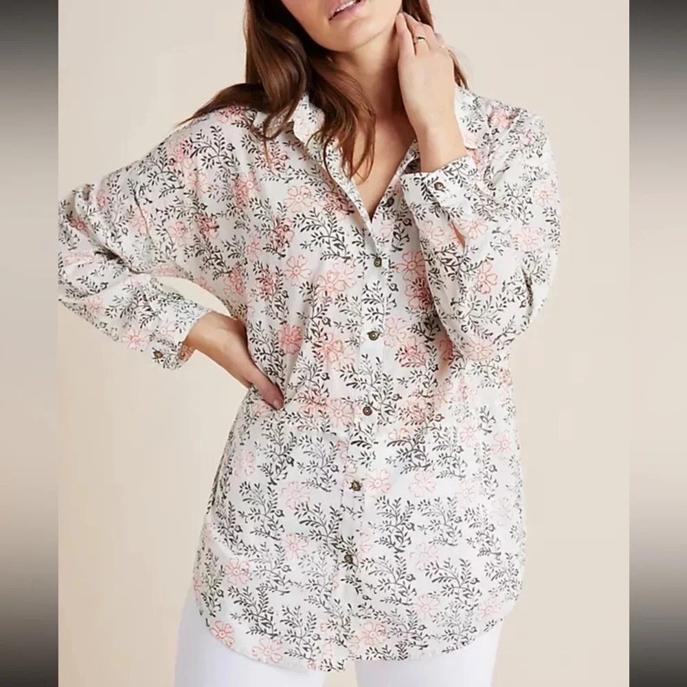 Anthropologie‎ Floral Embroidered Long Sleeve Button Down Tunic Top Women's XS/S